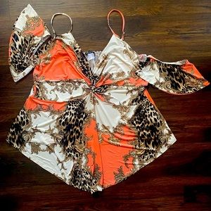 Cold Shoulder Adjustable Strap Animal Barocco Mixed Print Plus Size Top